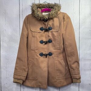 Grane Camel Toggle Duffle Coat Faux Fur Hood Winter Jacket M Cozy Classic Preppy